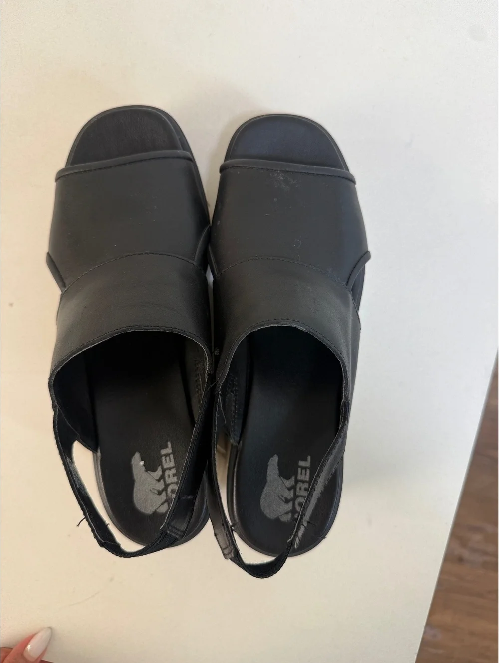 Sorel Women's Black Wedge Sandals with Wood-Effect Platform 9/9.5